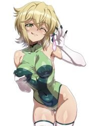 akatsuki_kirika blonde_hair breasts cameltoe condom covered_navel covered_nipples female grabbing_own_breast green_eyes green_leotard highres impossible_clothes impossible_leotard leotard looking_at_viewer medium_breasts one_eye_closed senki_zesshou_symphogear shiny_skin short_hair simple_background skin_tight skindentation smile solo standing striped_clothes sweat syunzou thighhighs used_condom white_background white_thighhighs