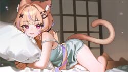 :3 animal_ear_fluff animal_ears ass bangs bare_arms bare_legs bare_shoulders barefoot blonde_hair blurry blurry_background blush camisole cat_ears cat_girl cat_tail closed_mouth depth_of_field eyebrows_visible_through_hair facial_mark female hair_ornament hairclip indoors long_hair looking_at_viewer lying multicolored_hair on_stomach panties pillow pillow_hug pink_eyes purple_eyes solo squchan_(vtuber) strap_slip streaked_hair tail underwear virtual_youtuber vyugen x_hair_ornament