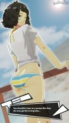 1girls 3d 3d_(artwork) alternate_version_available ass ass_shot atlus bikini bikini_bottom bottomwear brown_eyes brown_hair dochaunt24 english english_text female female_only hair lips looking_back mature mature_female mature_woman persona persona_5 sadayo_kawakami shirt smile solo solo_female striped_bikini_bottom swimwear text text_box thighs topwear white_shirt yellow_bikini_bottom