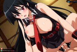 ai_generated akame_(akame_ga_kill!) akame_ga_kill! big_breasts black_hair bouncing_breasts cowgirl_position cum cum_inside female juanpiamvs long_hair open_clothes open_mouth patreon patreon_username penetration red_eyes sex subscribestar subscribestar_username watermark