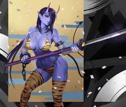 bikini black_sclera blue_skin cleavage demon_girl dual_wielding horns katana ogami oni oni_horns purple_hair red_eyes weapon