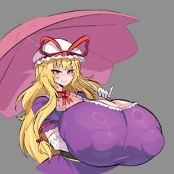 1girls big_breasts blonde_female blonde_hair hag kumomogi massive_breasts nipple_bulge parasol smile touhou yukari_yakumo