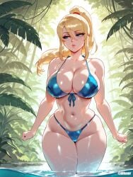 1girls abs ai_generated bikini blonde_hair blue_eyes cleavage difuxer female female_focus female_only jungle large_breasts light-skinned_female light_skin metroid nintendo samus_aran solo thick_thighs thighs wide_hips