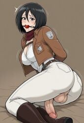 attack_on_titan big_breasts big_penis black_eyes black_hair cock colored dick fluids futanari futanari futanari/female mikasa_ackerman penis sexy sexy_body sexy_pose shingeki_no_kyojin testicles white_body white_girl white_skin