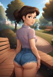 1girls ai_generated ass big_ass booty_shorts breasts brown_hair brown_hair bubble_ass bubble_butt civitai clothed clothing jean_shorts light-skinned_female light_skin looking_at_viewer looking_back mia_(summertime_saga) outdoors outside park park_bench ponytail pose posing presenting presenting_ass shirt shorts small_breasts solo solo_focus standing summertime_saga teenage_girl teenager thick_ass topwear