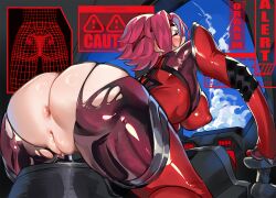 all_fours anus ass blush bodysuit breasts caution closed_eyes cockpit code_geass commentary covered_nipples dr_altruist draltruist female female_orgasm from_behind headband innie_pussy kouzuki_kallen large_breasts orgasm plump_labia pussy pussy_juice red_hair red_headband short_hair solo symbol-only_commentary torn_bodysuit torn_clothes uncensored