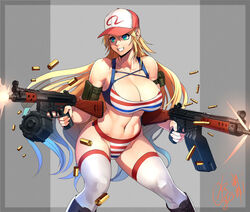 1girls ammunition armlet bare_shoulders bikini blonde blonde_hair blue_eyes boots breasts clavicle cleavage clenched_teeth dual_wielding extended_magazine female fighting_stance firing gradient_hair grey_background grin gun hat holding holding_gun holding_weapon huge_breasts jewelry large_breasts long_hair machine_gun midriff multicolored_hair navel ogami original shell_casing shooting signature smile solo standing streaked_hair striped striped_bikini striped_swimsuit swimsuit teeth thighhighs toned very_long_hair weapon