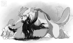 2019 ambiguous_gender anthro blood bodily_fluids canid canine canis cannibalism consensual_cannibalism covering covering_face digital_media_(artwork) duo ears_down exposed_organs fur gore gore_focus guts hard_vore male mammal monochrome nude organs pivoted_ears scarf shaded shaking signature simple_background smile tail tail_motion tailwag teeth toddnet tremble_lines trembling vore willing_prey wolf