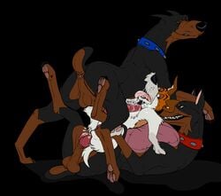 3boys absurd_res animal_genitalia animal_penis anus backsack balls bodily_fluids canid canine canine_penis canis cum cum_in_ass cum_in_mouth cum_inside desoto_(disney) disney dobermann dodger domestic_dog feral fur gay genital_fluids group hi_res male male/male male_only mammal oliver_and_company penis pinscher roscoe_(disney) testicles torinsangel yaoi