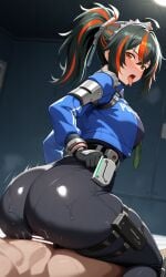 ai_generated big_ass black_hair cowgirl_position focus_on_ass hoyoverse orange_eyes pixai police_uniform red_hair two_tone_hair zenless_zone_zero zhu_yuan