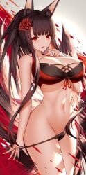 absurdres akagi_(azur_lane) akagi_(paradise_amaryllis)_(azur_lane) an_yasuri animal_ear_fluff animal_ears azur_lane bare_arms bare_shoulders bikini bikini_pull black_bikini breasts brown_hair cleavage clothes_pull collarbone cowboy_shot female female_focus finger_to_mouth fire flower fox_ears fox_girl fox_tail groin hair_flower hair_ornament halterneck highres large_breasts long_hair looking_at_viewer mismatched_bikini multiple_tails navel parted_lips ponytail red_bikini red_eyes red_flower smile solo spider_lily standing stomach swimsuit tail very_long_hair