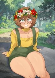 1boy 1femboy 2025 2d_(artwork) artist_self-insert bare_knees bare_shoulders bare_thighs blush brown_hair brown_hair brown_hair_male brunette_hair caucasian caucasian_male detached_collar dialogue english english_dialogue english_text eyewear femboy_focus feminine_faced_male feminine_male flower flower_crown flowers flowers_in_hair forest forest_background girly girly_boy glasses grass green_eyes green_eyes_male green_overalls greenery hi_res january_(month) johnv knees looking_at_viewer male male_pov no_sex offscreen_male overalls pale-skinned_male pale_skin pale_skinned_male plump_thighs pov_male red_flower red_flowers rock rocks self_insert short_hair short_hair_male sitting_on_rock slight_blush solo_femboy sweater text thick_male thick_thighs thighs trees twitter_link wearing_eyewear wearing_glasses white_flower white_flowers white_male woods yellow_collar yellow_sweater