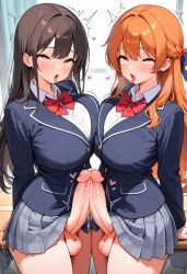 2girls ai_generated big_breasts big_penis black_hair female futanari long_hair nude_female orange_hair tilcox33 uniform