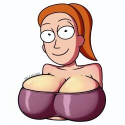 ai_generated breasts cleavage clothed female halfaslime huge_breasts large_breasts looking_at_viewer orange_hair portrait purple_topwear rick_and_morty smile solo summer_smith tight_clothing tubetop upper_body white_background