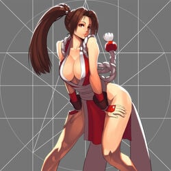 1girls abstract_background cleavage female large_breasts leaning_forward looking_at_viewer mai_shiranui ogami ponytail standing wide_hips