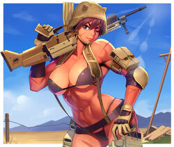 1girls armpit assault_rifle female female_only gloves helmet medium_breasts military muscular_female ogami one_eye_closed outdoors scar sky solo string_bikini trigger_discipline weapon