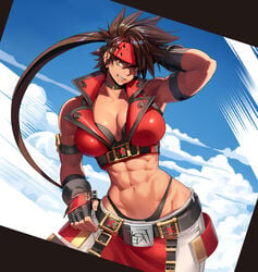 abs cleavage genderswap genderswap_(mtf) grin guilty_gear hand_on_hip large_breasts long_hair looking_at_viewer muscular_female ogami one_arm_up rule_63 sky sol_badguy