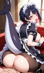 ai_generated big_ass big_breasts black_hair cowgirl_position ellen_joe hoyoverse maid maid_uniform red_hair shark_girl shark_tail short_hair zenless_zone_zero