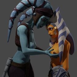 2girls 3d aayla_secura age_difference ahsoka_tano alien breasts female levius_nsfw nipples small_breasts star_wars topless yuri