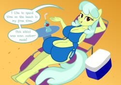 anthro anthro_oc apple_cider beach beach_chair big_breasts big_crotchboobs bikini breasts caring_dairy_(mlp) chair clothes crotchboobs crotchboobs_plus_chestboobs earth_pony earth_pony_oc english_text female flashequestria huge_crotchboobs impossibly_large_crotchboobs mare multiboob my_little_pony oc oc_only swimsuit text unguligrade_anthro