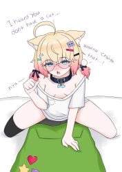 1boy belt_collar blonde_hair blue_eyes catgirl collar duo english_text female female_on_top glasses gradient_hair hair_accessory looking_at_viewer male_on_bottom minikomew nya off_shoulder pet_collar pink_hair pov small_breasts szpecter t-shirt talking_to_partner talking_to_viewer twintails vedal987 white_background