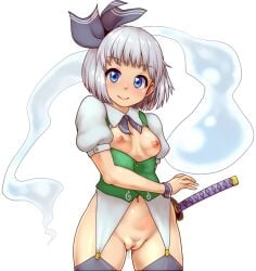 cum_in_pussy d.koutya pubic_hair pussy revealing_clothes smile sword tagme thighhighs touhou youmu_konpaku youmu_konpaku_(ghost)