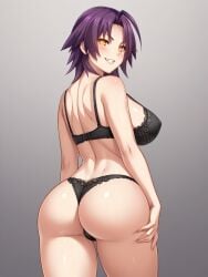 ai_generated ass azuma_marina big_ass big_breasts black_bra black_panties black_thong black_underwear evil_grin glowing_eyes grin huge_breasts isogil kashidashi_tsuma_marina_no_"netorase"_houkoku_binkan_tsuma_to_zetsurin_daigakusei looking_back looking_back_at_viewer purple_hair seductive seductive_look short_hair yellow_eyes