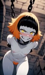 1girl ai_generated black_hair blushing breasts captured chained_up chains demon demon_slayer dripping_pussy embarrassed fangs female female_only fur_reaper imprisoned kimetsu_no_yaiba looking_at_viewer multicolored_hair naval nude orange_hair pale_skin short_hair slim_girl small_breasts smiling snarling solo stable_diffusion standing susamaru sweat tits yellow_eyes