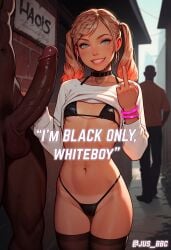 1boy 1girls ai_generated big_penis blue_eyes cuckold cuckold_pov dark-skinned_male dark_skin english_text female femdom interracial jus_bbc looking_at_viewer male middle_finger pov text twintails