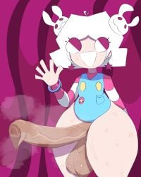 1futa abbie_(mindwave) bunny futa_only futanari mindwave musk musk_clouds musky musky_balls musky_cock purple_background smile solo_futa sweat sweatdrop sweating sweaty sweaty_balls thick_thighs veiny_penis wave waving white_hair