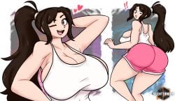 alternate_costume artist_logo artist_name big_ass big_breasts big_butt blush booty_shorts brown_eyes brown_hair capcom exclamation_point fat_ass fat_butt heart huge_ass huge_breasts king_of_fighters legs long_hair long_legs looking_at_viewer looking_back mai_shiranui pink_shorts ponytail shaking_butt silenttandem smiling snk street_fighter street_fighter_6 strong_woman tank_top thighs white_tank_top wink winking_at_viewer