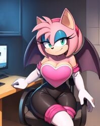 amy_rose bodysuit curvy_figure neckline office rouge_the_bat_(cosplay) seductive_look seductive_smile spandex_suit