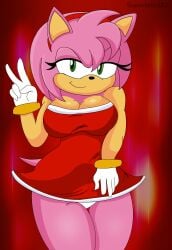 amy_rose breasts female female_only furry_female hedgehog_girl highres huge_breasts huge_thighs mobian mobian_(species) panties red_dress sega sonic_(series) sonic_the_hedgehog_(series) thicc_thighs thick_legs thick_thighs thighhighs thighs twitter white_panties