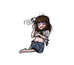 brown_hair damaged_clothing danganronpa danganronpa_another defeated fanganronpa female_only nijiue_iroha official_art pale_skin sdra2 super_danganronpa_another_2 surrender visible_underwear white_flag