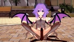 3d choujigen_game_neptune demon_girl feet female flat_chest footjob gloves horns interracial koikatsu_(medium) neprime2003 neptune_(neptunia) neptune_(series) nipples open_mouth outdoors penis purple_eyes purple_hair short_hair wings