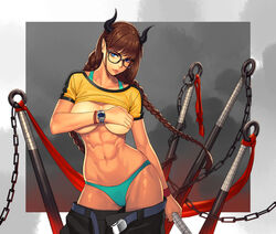 abs braid covering_breasts demon_girl large_breasts long_hair megane muscular_female ogami pants_down shirt_lift solo weapon