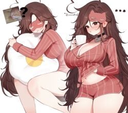 1girls belly belly_button big_breasts blush bodily_fluids breasts brown_hair cleavage clothed clothing female female_only indie_virtual_youtuber long_hair sky_(skyaboveme) skyaboveme sleeping solo solo_focus thighs virtual_youtuber white_background