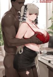 ai_generated azur_lane dark-skinned_male desk female_focus formidable_(azur_lane) gray_hair huge_breasts office office_lady pantyhose pencil_skirt red_bra red_eyes torn_pantyhose twintails