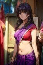 1girls ai_generated belly_button black_hair exposed_torso large_breasts light-skinned_female light_skin long_hair mature_female metal264 midriff navel red6161 saree sari