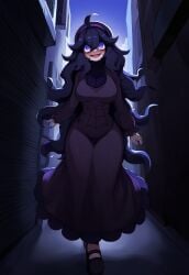 ai_generated alley creepy dress full_body hex_maniac long_dress messy_hair night novelai pokemon pokemon_xy purple_eyes purple_hair smile tgm101_(artist) very_long_hair