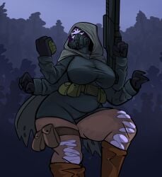 1girls 4_arms 5_eyes bbw cape chubby clothes_ripping firearm gas_mask gloves goes_hard grenade gun holding_gun holding_weapon hood large_breasts mask muffet no_humans ripped_clothing ripped_pants solo spider tag tagme thick_thighs undertale undertale_(series) wide_hips