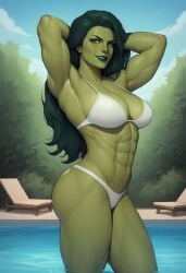 abs ai_generated ass big_ass big_breasts breasts doom4rus green_eyes green_hair green_skin jennifer_walters marvel marvel_comics muscular muscular_female she-hulk thick_thighs thunder_thighs wide_hips