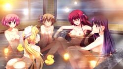 5girls barefoot bathing blonde_hair blue_eyes blush breasts eye_closed grisaia_no_kajitsu hot_spring hot_springs irisu_makina komine_sachi matsushima_michiru medium_breasts multiple_girls nipples pink_hair purple_hair red_eyes rubber_duck sakaki_yumiko sunset suou_amane tagme toes violet_hair watanabe_akio water