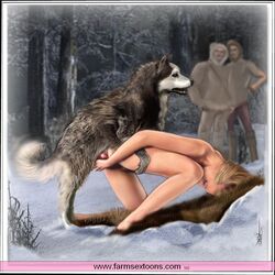 animal_skin being_watched canid canine canis clothed clothing detailed_background domestic_dog duo_focus erection female female_on_feral feral forest from_behind_position group human human_on_feral husky interspecies knot looking_at_another male mammal mounting nordic_sled_dog nude outside penis sabre_(artist) sex snow spitz straight temperature_play tree wood zoophilia