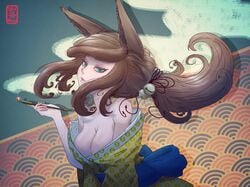 artist_logo blue_eyes blueontherun breasts brown_hair fox_ears kimono long_hair ponytail poppy_(radicalsoda) radicalsoda tagme tied_hair