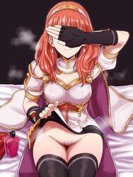 bed_sheet black_legwear book bottle cape celica_(fire_emblem) covering_eyes detached_collar dress earrings female fingerless_gloves fire_emblem fire_emblem_echoes:_shadows_of_valentia fire_emblem_gaiden gloves hairband highres jewelry long_hair nervous_smile pubic_hair red_hair simple_background sitting skirt skirt_lift smile solo steam sweatdrop thighhighs tiara uncomfortable white_dress yuguraniru