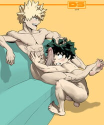 2boys abs ass deadlyswallows gay green_hair izuku_midoriya katsuki_bakugou male male_only muscle muscles my_hero_academia penis teen text yaoi