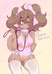 ? accessory anthro blush breasts canid canine canis clothed clothing collar dialogue domestic_dog english_text female fur furry furry_only hair hair_accessory hair_ribbon hairbow hi_res latte_(vonnir) leash legwear mammal one_eye_closed open_mouth pussy ribbons shih_tzu simple_background solo tail text thick_thighs toy_dog vonnir wide_hips