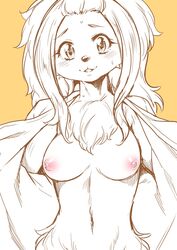 2017 anthro big_eyes blush bodily_fluids breasts canid canine chest_tuft exposed_breasts female flashing hair hi_res kemono long_hair looking_at_viewer mammal navel nipples nme nude open_shirt partially_colored pink_nipples simple_background solo sweat tuft yellow_background