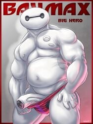 1boy 2021 3:4 absurd_res baymax belly big_hero_6 bulge clothed clothing clothing_pull disney english_text foreskin genitals glans glistening glistening_body grey_glans hi_res humanoid humanoid_genitalia humanoid_penis looking_at_viewer machine male male_only marvel mouthless navel nipples noseless not_furry partially_retracted_foreskin penis robot robot_humanoid simple_background solo speedo standing swimwear text topless wardraws white_body white_penis yaoi